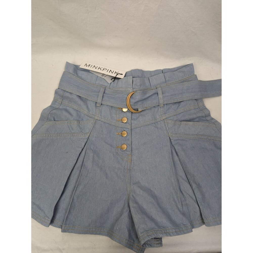 Mink Pink Women's Alexa Belted Denim Flutter Leg High Waist Shorts Sz M